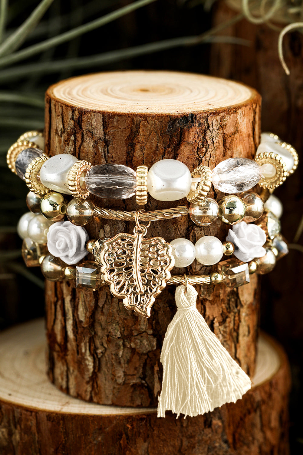 White Bohemian Rhinestone Beaded Fringed Layered Bracelet