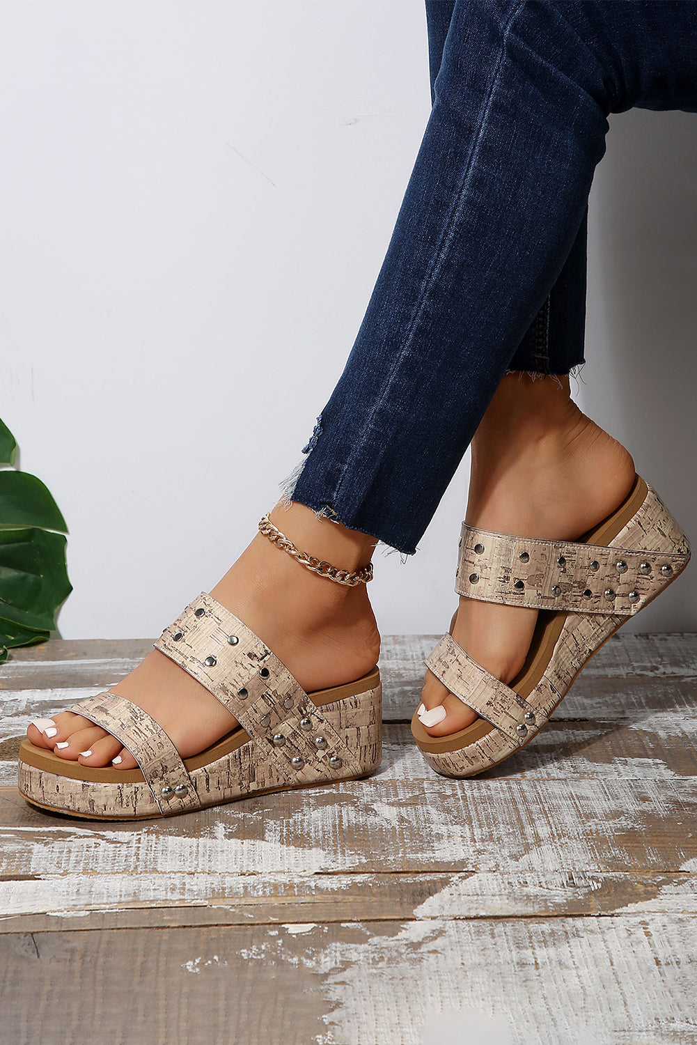 Camel Rivet Double Straps Wedge Slippers