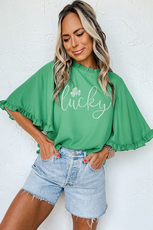 Green Ceramic Rhinstone lucky Clover Graphic Frilled Bell Sleeve Blouse
