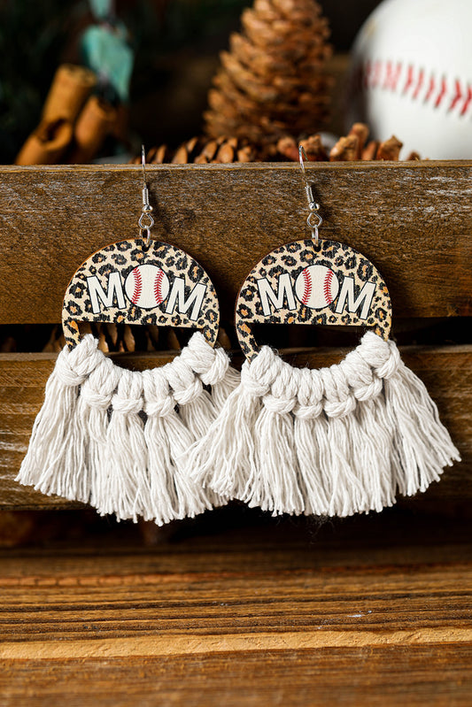 White Leopard Rugby Football MOM Print Fringed Hook Earrings