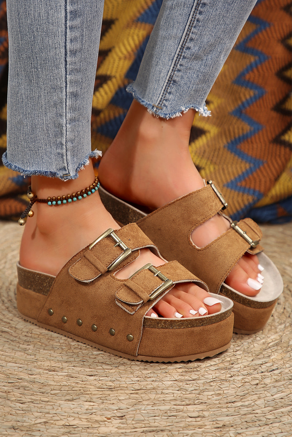 Chestnut Suede Buckle Decor Footbed Sandal Slippers