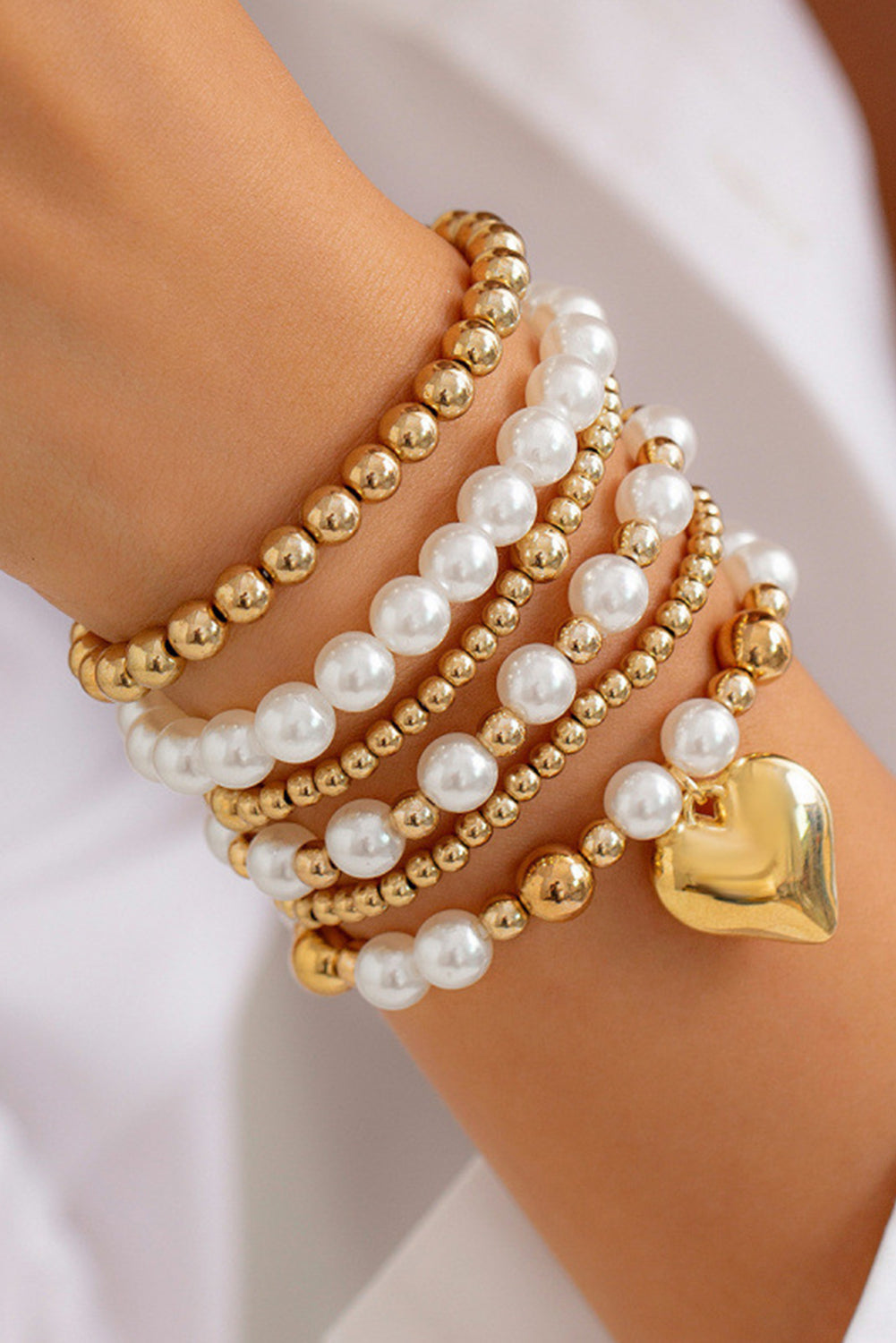 Gold Plated Heart Charm Pearl Beading Multilayer Bracelet