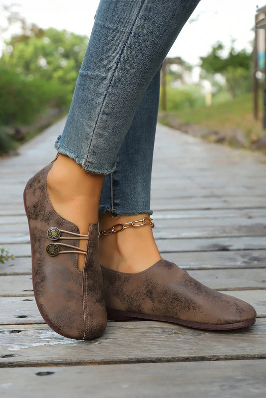 Coffee JEANS Button Detail Boho Vintage Faux Leather Loafer Shoes