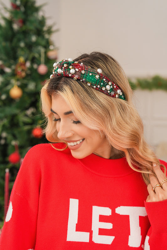 Dark Green Plaid Tweed Pearl Rhinestone Embellished Knot Headband