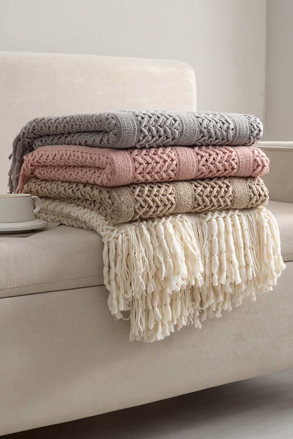Dusty Pink Fashion Texture Design Tassel Trim Blanket