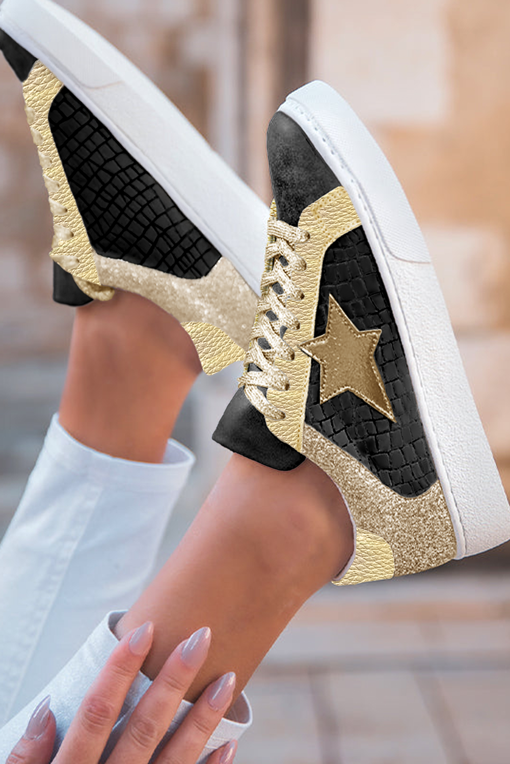 Rose Gold Glitter Star Patchwork PU Leather Lace-up Sneakers