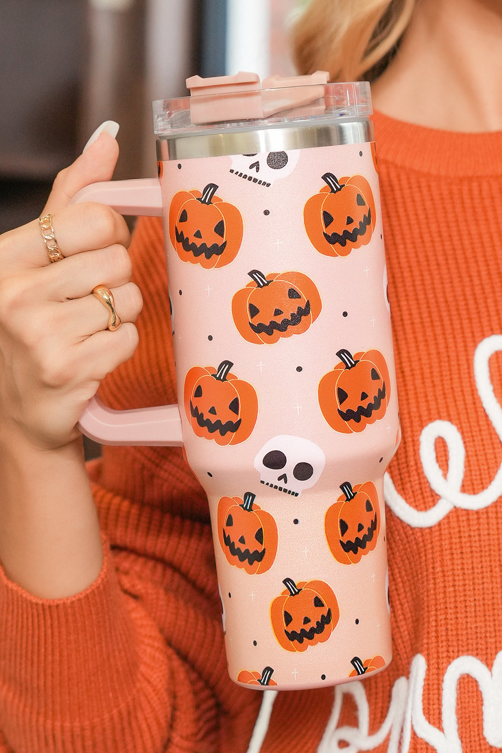 Orange Halloween Pumpkin Skull Print Handle Straw Tumbler 40oz
