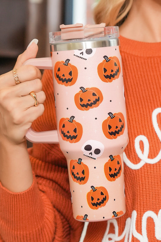 Orange Halloween Pumpkin Skull Print Handle Straw Tumbler 40oz