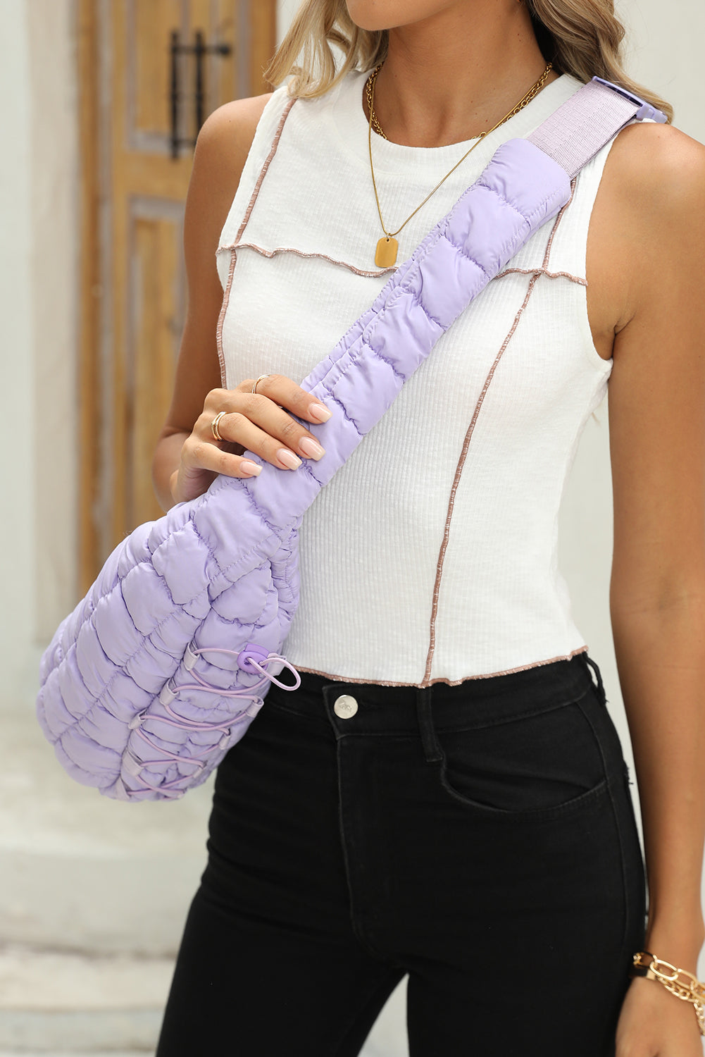 Wisteria Marshmallow Quilted Drawstring Decor Sling Bag