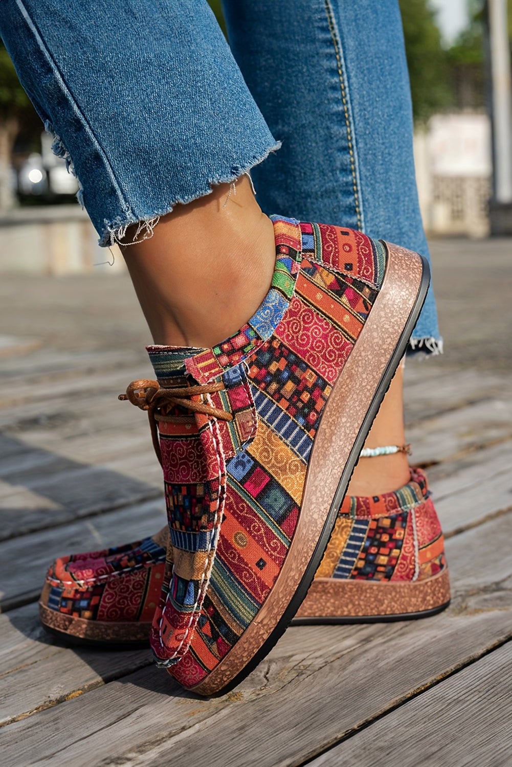 Racing Red Western Print Faux Suede Lace-up Decor Slip On Shoes