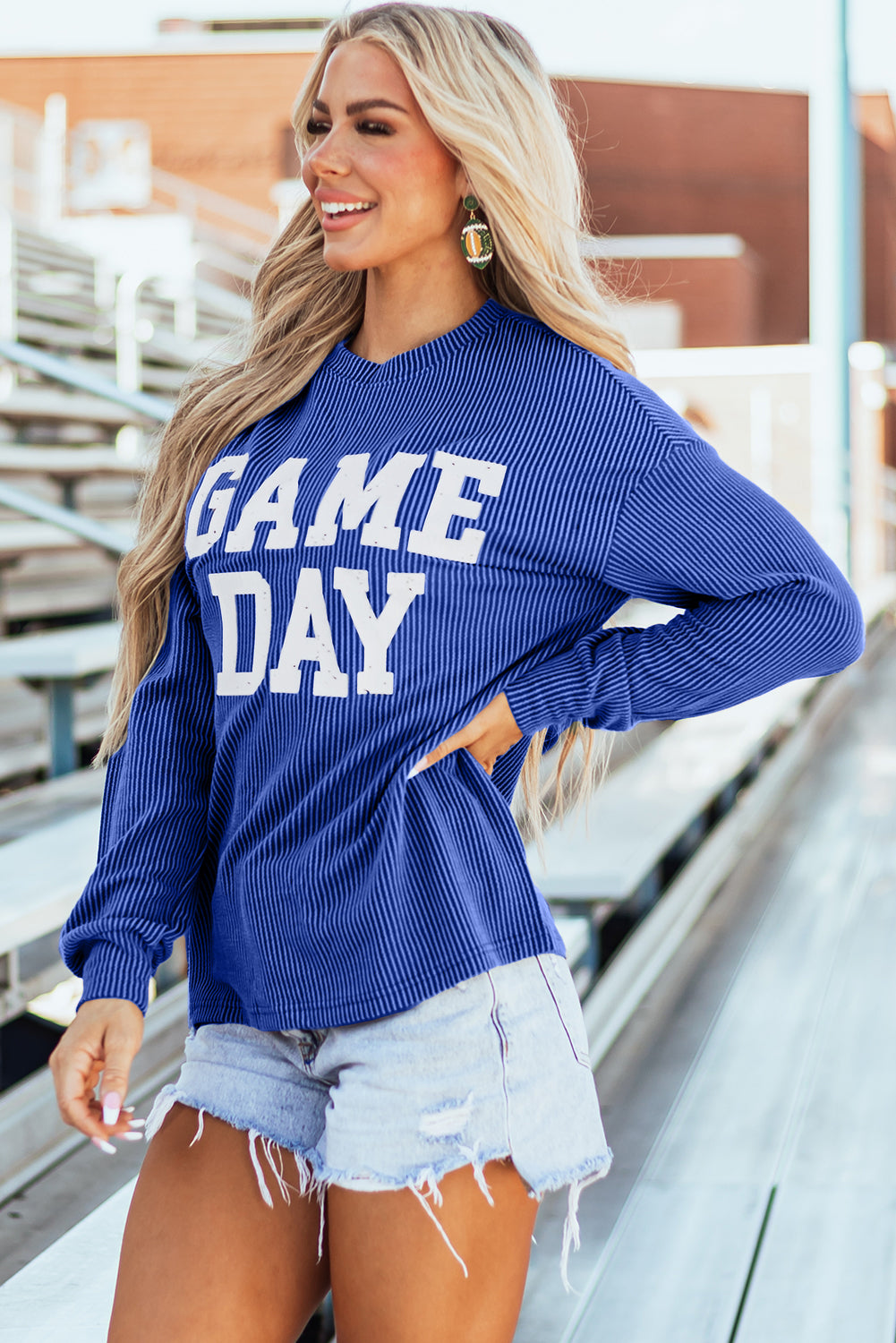 Bluing Corded GAME DAY Graphic Long Sleeve Crewneck Top