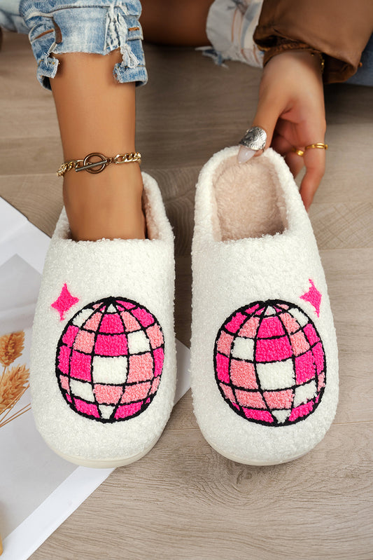 White Disco Ball Print Fuzzy Winter House Slippers