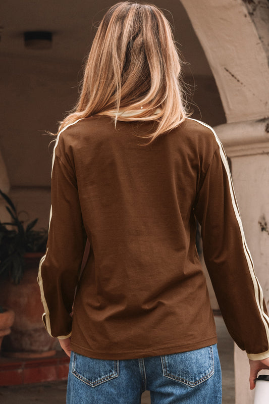 Dark Brown Varsity Striped Accent Contrast Crew Neck Long Sleeve T Shirt