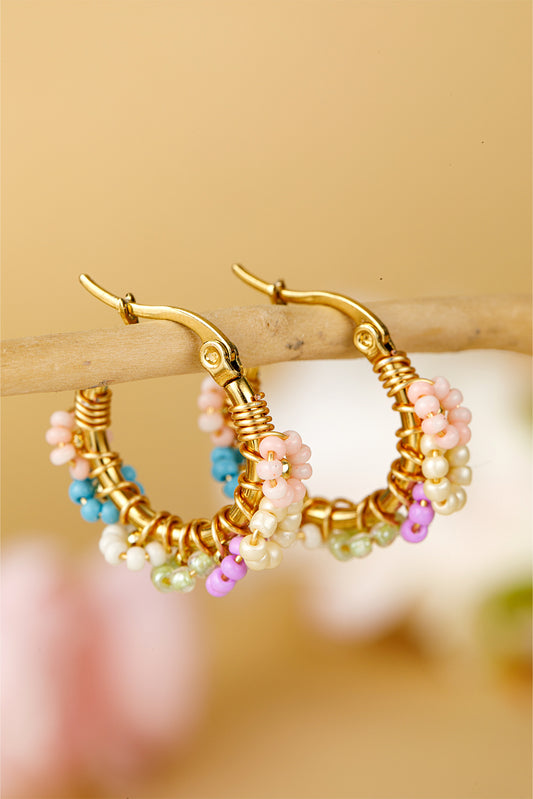 Gold Beaded Flower Hoop Alloy Earrings