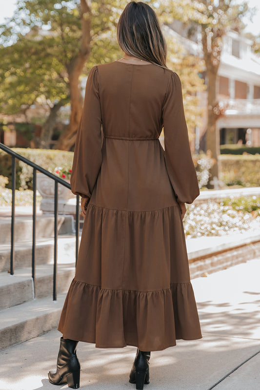Chestnut Solid Long Sleeve Button V Neck Tiered Maxi Dress