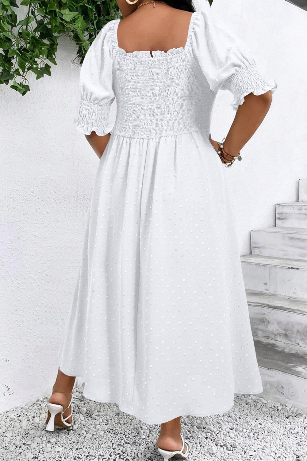 White Swiss Dot Smocked Frilled Neckline Short Sleeve Plus Size Dress