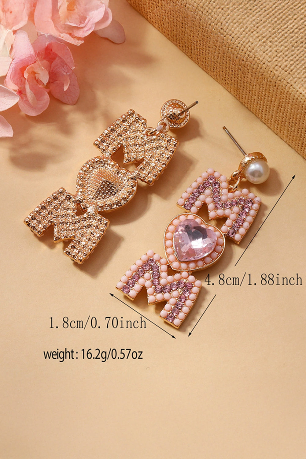 Light Pink Rhinestone Beaded Heart MOM Earrings