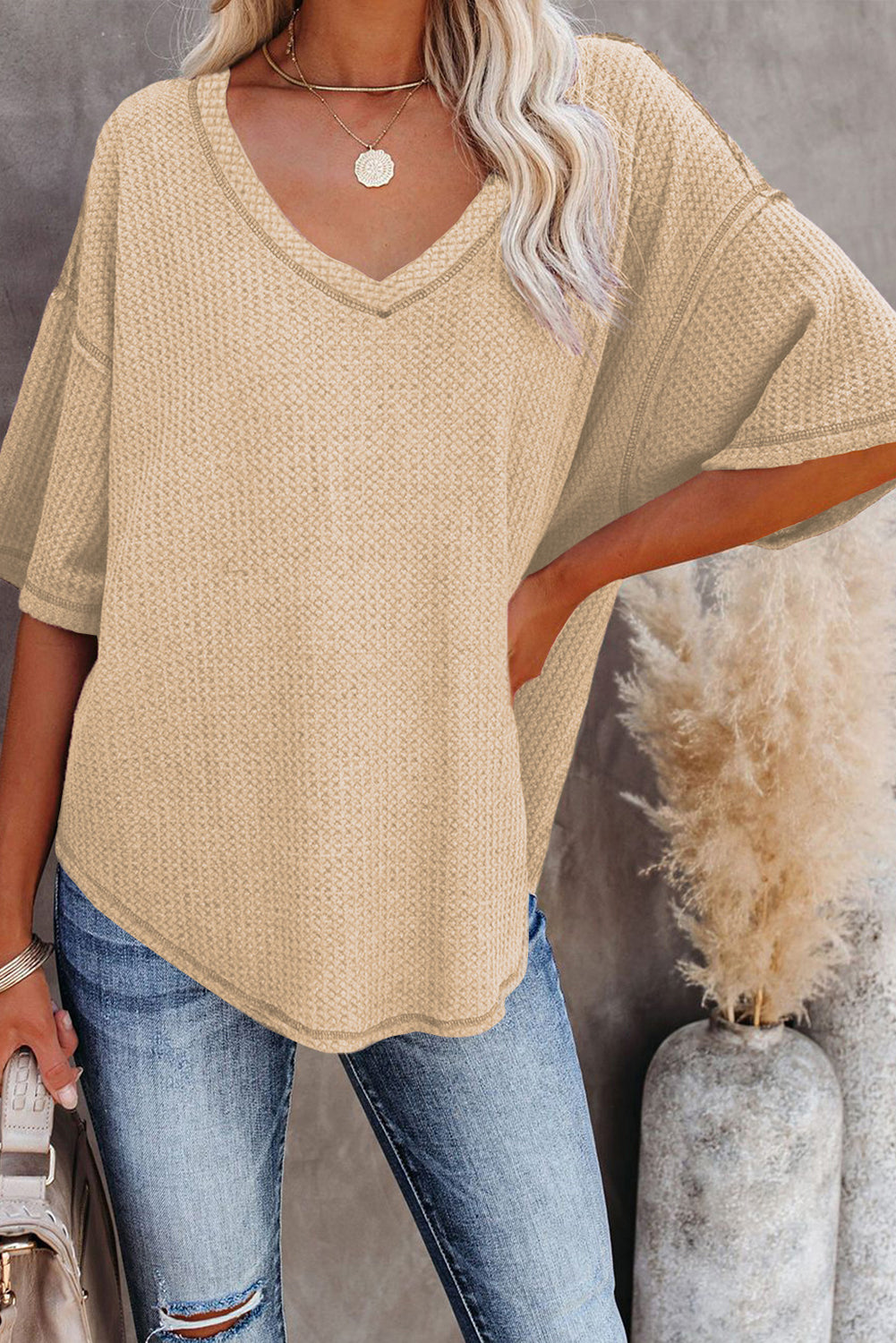 Apricot Exposed Seam Half Sleeve Knitted V Neck Textured Top