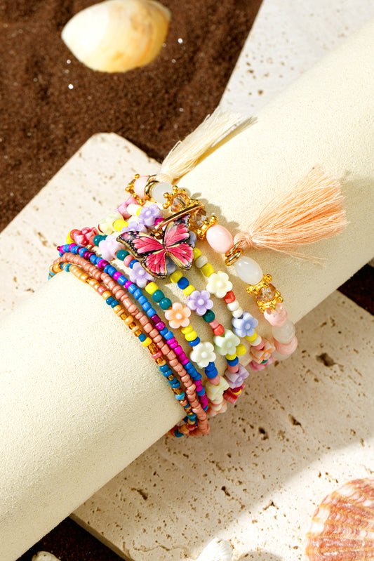 Peach Blossom 7pcs Handmade Beaded Bohemian Style Butterfly Tassel Bracelet Set