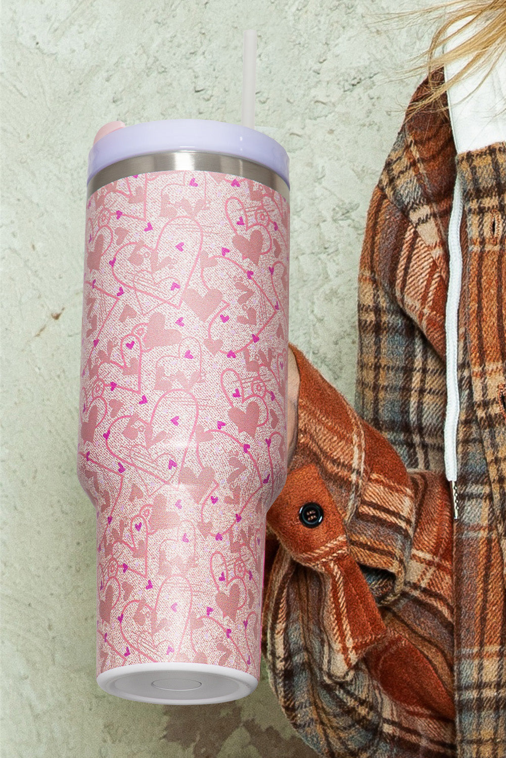 Apricot Pink Valentine Heart Shaped Print Stainless Steel Vacuum Cup 40oz