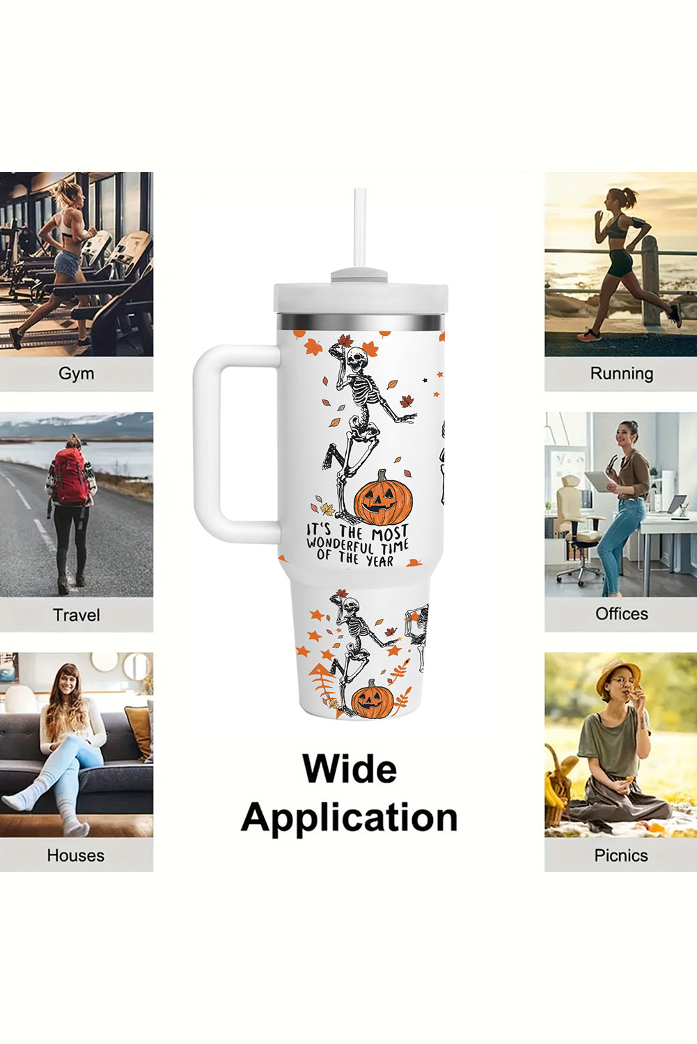 White 1200ml Halloween Dancing Skeleton Pumpkin Face Printed Thermos Cup