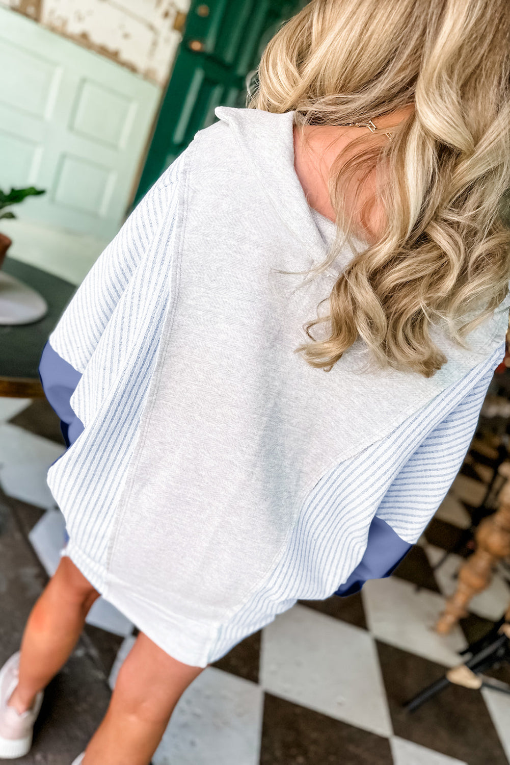Light Grey Oversized Striped Colorblock Dolman Sleeve Collared Casual Top
