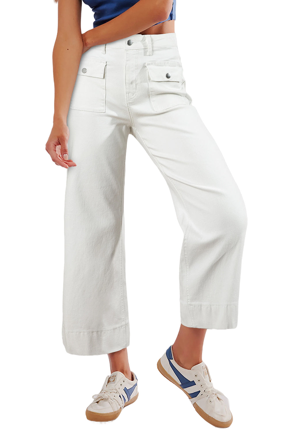 White Flap Pockets Front Straight Cropped Jeans