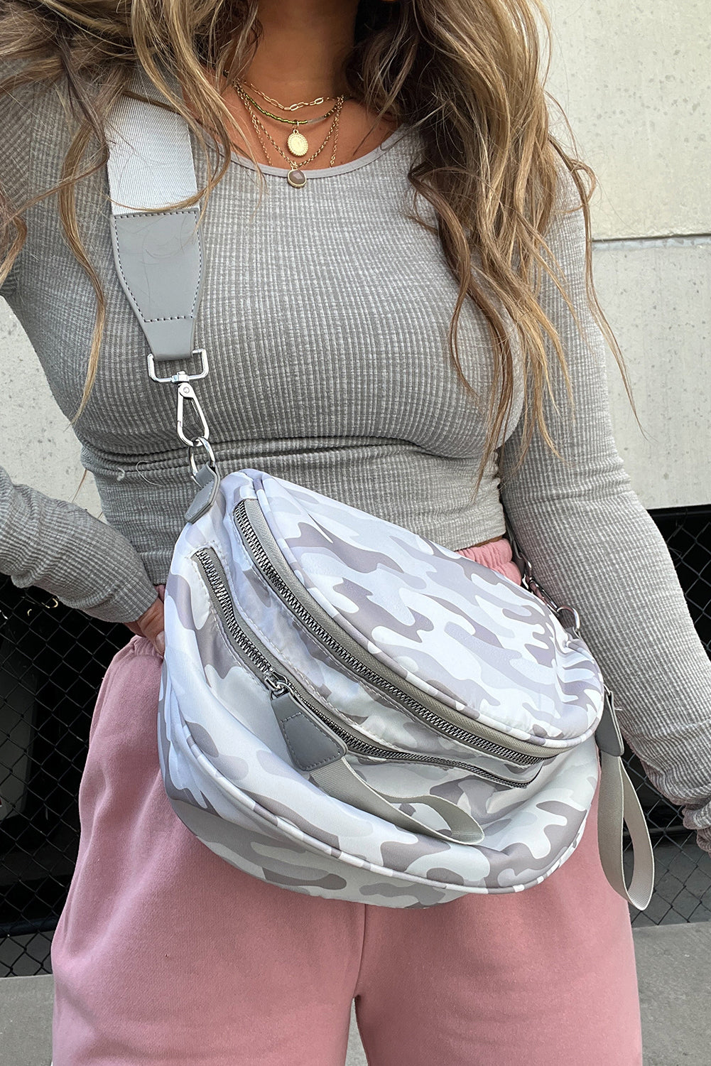 Light Grey Camouflage Print Gold Chain Strap Double Zipper Crossbody Bag