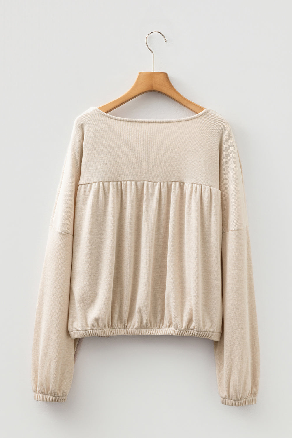 Jet Stream Textured Pleated Drop Shoulder Long Sleeve Knit Top