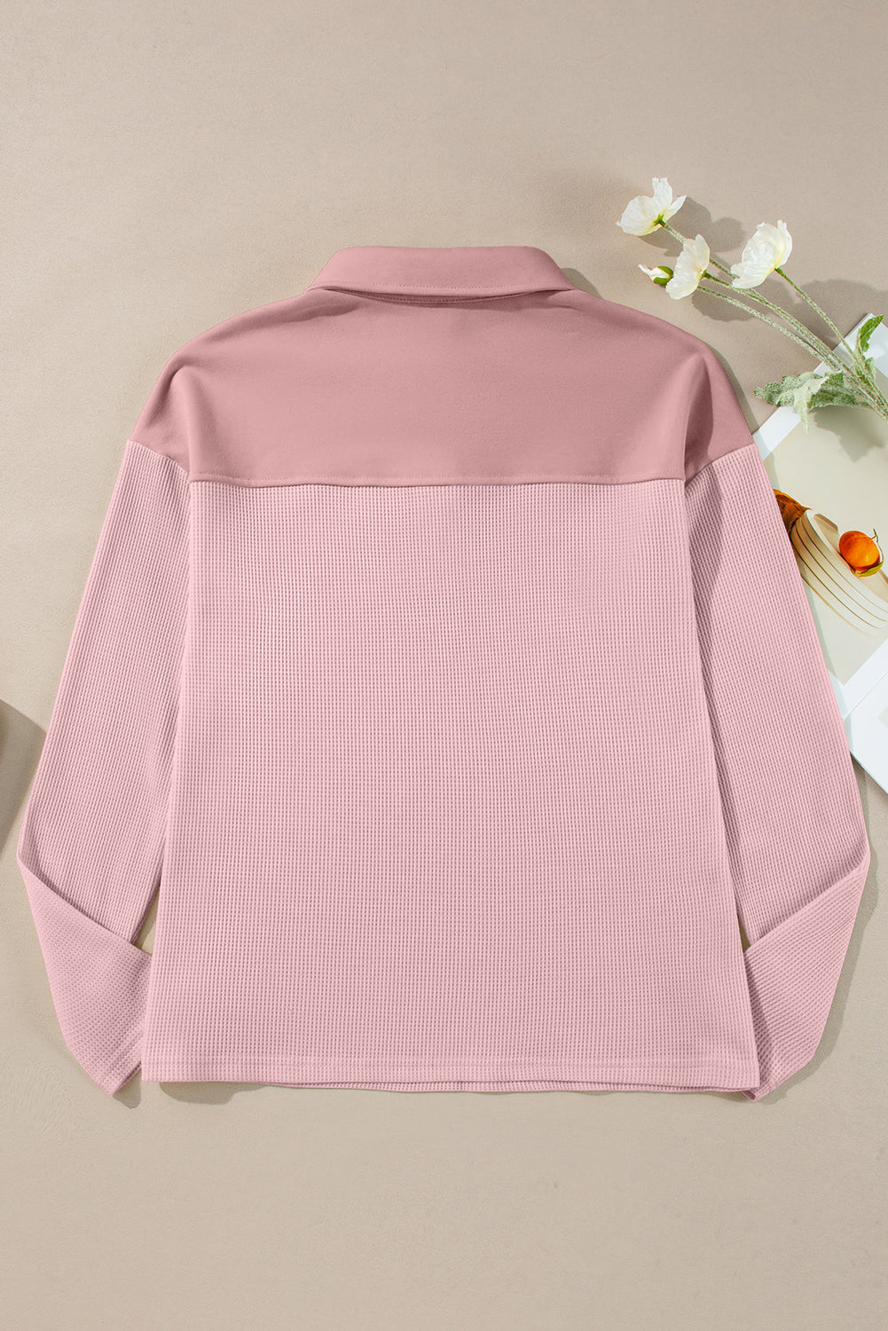 Light Pink Solid Color Long Sleeve Thermal Knit Polo Collar Patchwork Top