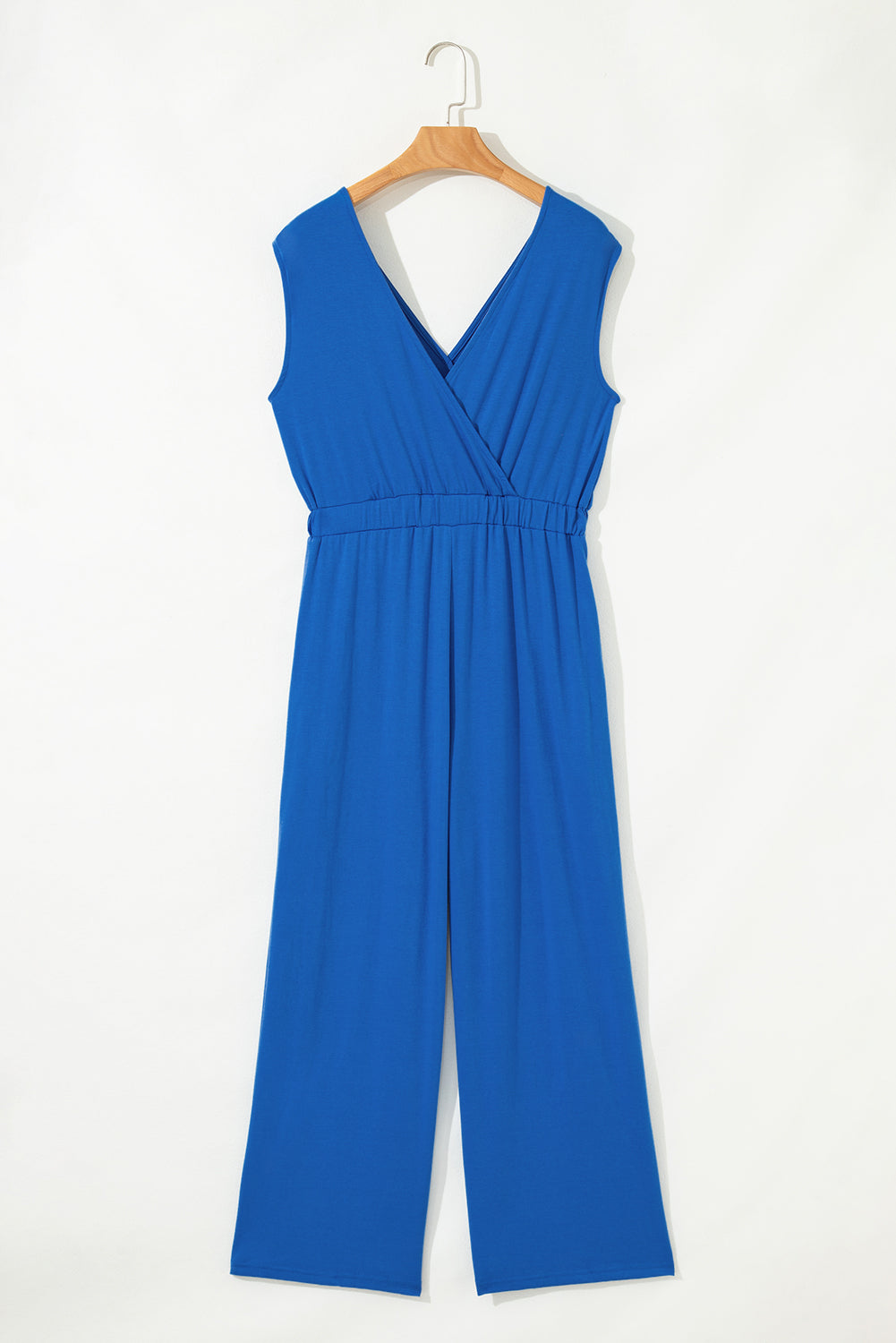 Sky Blue Deep V Pleated Crisscross Wide Leg Backless Jumpsuit
