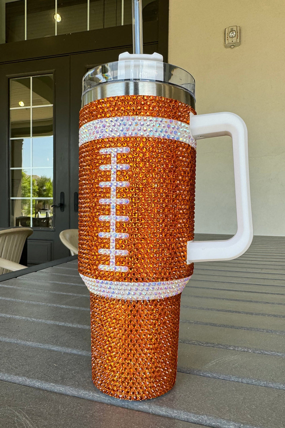Orange Rhinestone Rugby Football Handle Vacuum Cup 40oz