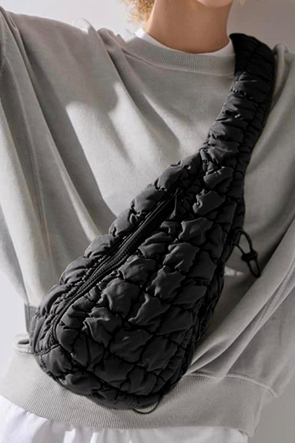 Black Marshmallow Quilted Drawstring Decor Sling Bag