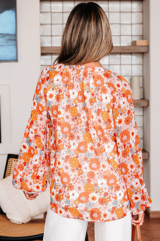 Orange Floral Print V Neck Long Puff Sleeve Top