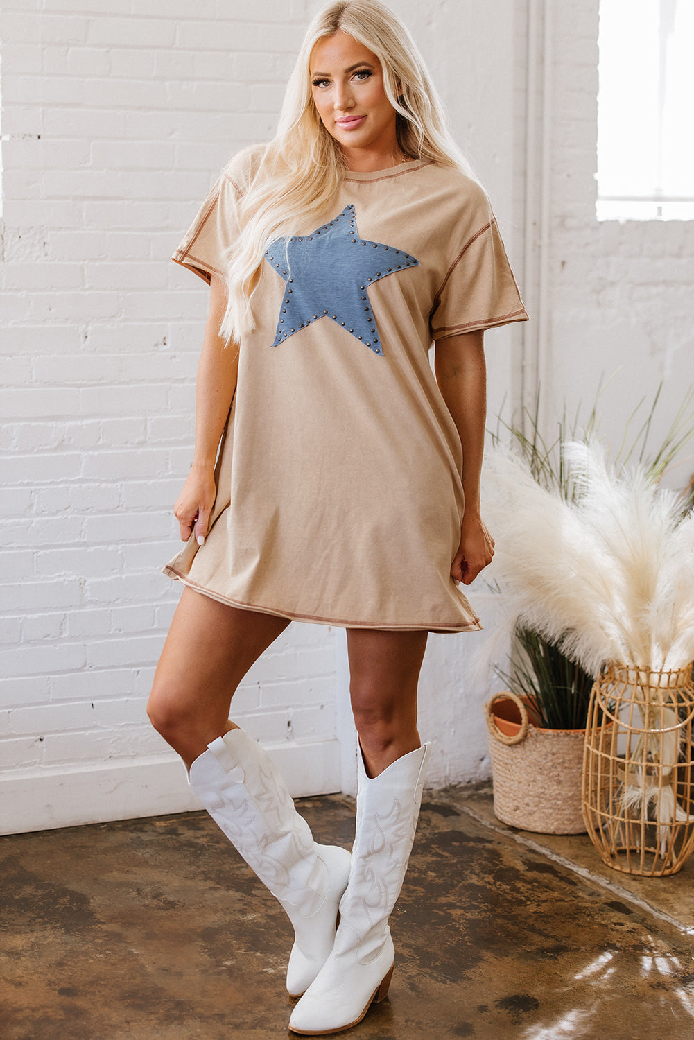 Pale Khaki Mineral Wash Stud Beaded Star Graphic Pocketed T Shirt Dress