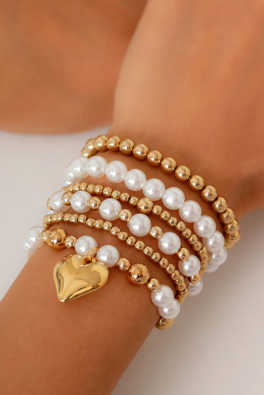 Gold Plated Heart Charm Pearl Beading Multilayer Bracelet