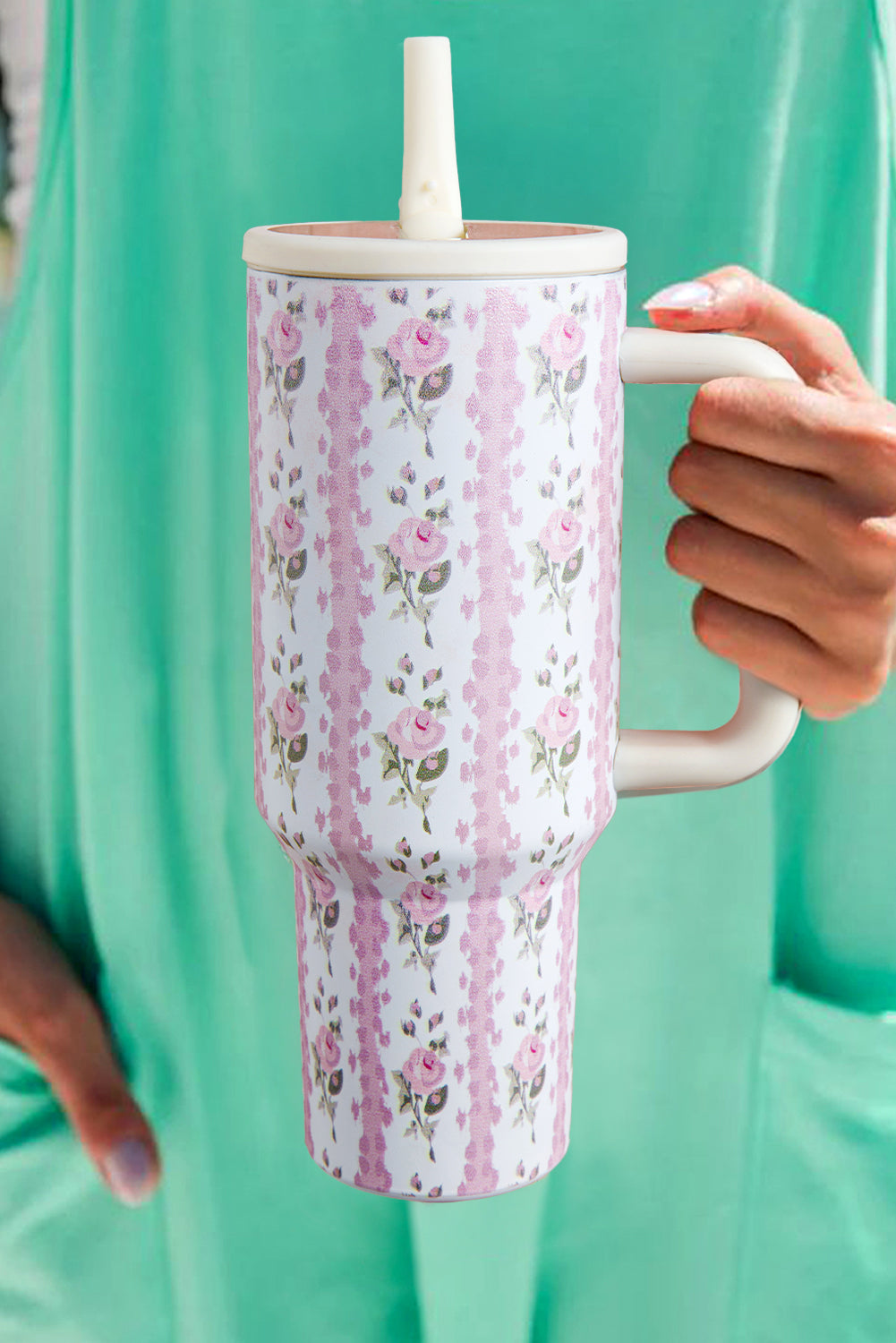 Light Pink Sweet Floral Print Straw Insert Thermo Tumbler Cup