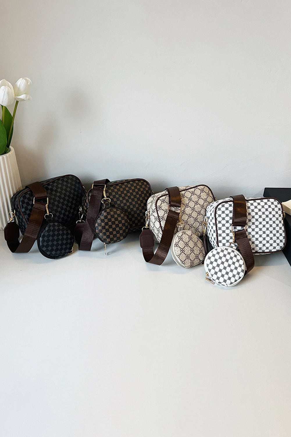White Checkered Print PU Leather Shoulder Bag with Coin Wallet