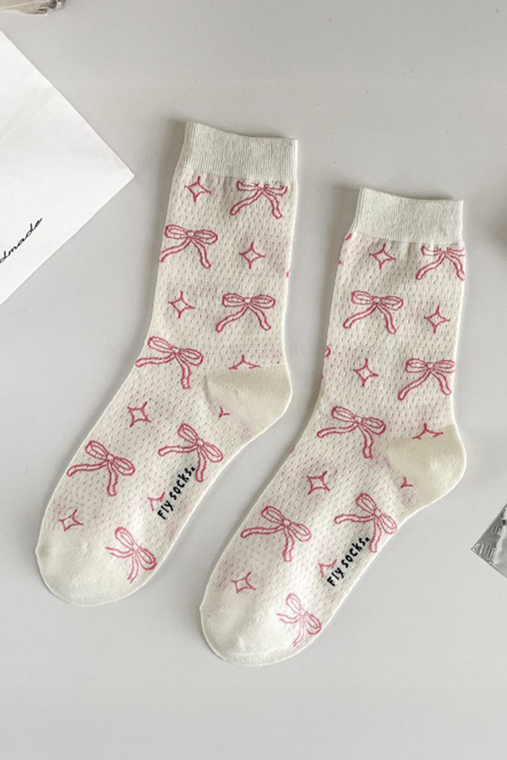 Pink Sweet Bowknot Print Mid Calf Socks