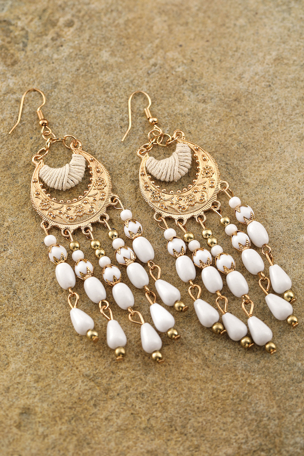 White Boho Beaded Tassel Alloy Charm Earrings