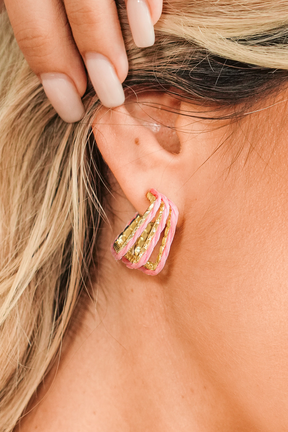 Pink Rattan Detail Gold Plated Alloy Earrings