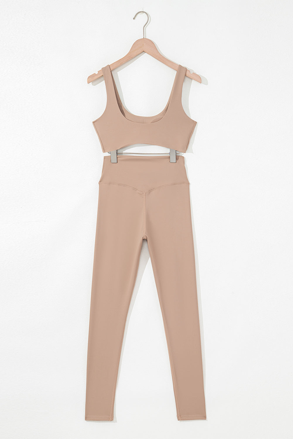 Light French Beige Solid Color Active Bra and High Waist Leggings Workout Set