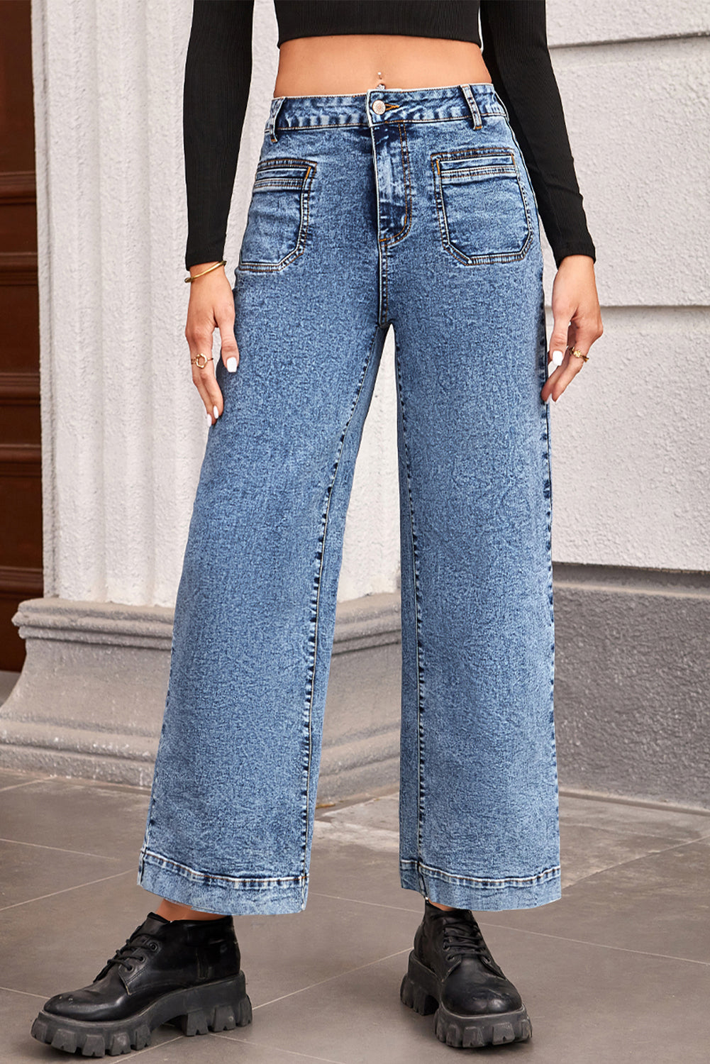 Blue Chic Patch Pocket Straight Leg Loose Jeans