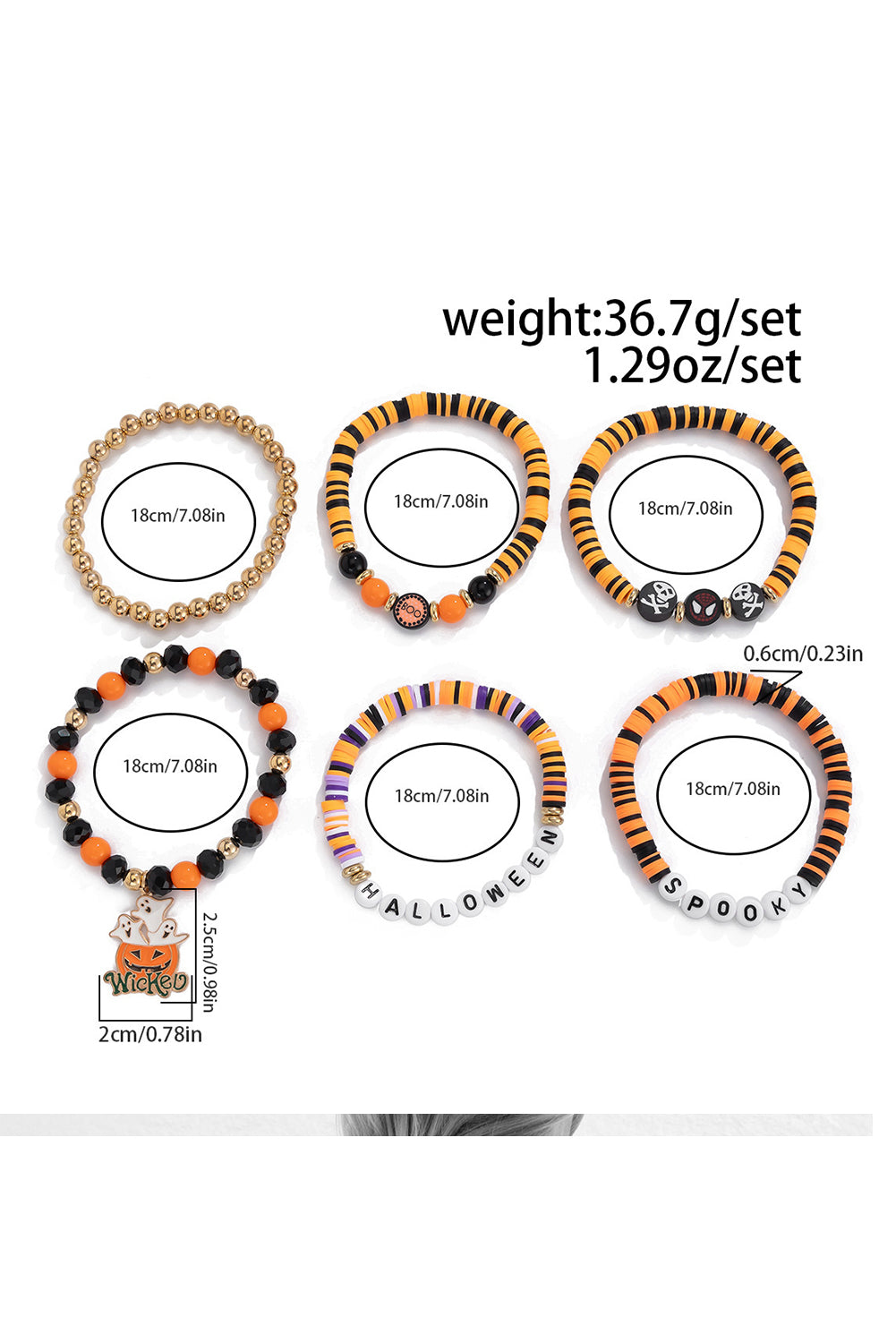 Carrot 6pcs Layered Halloween Pumpkin Ghost Spider Man Charm Stretch Bracelet Set