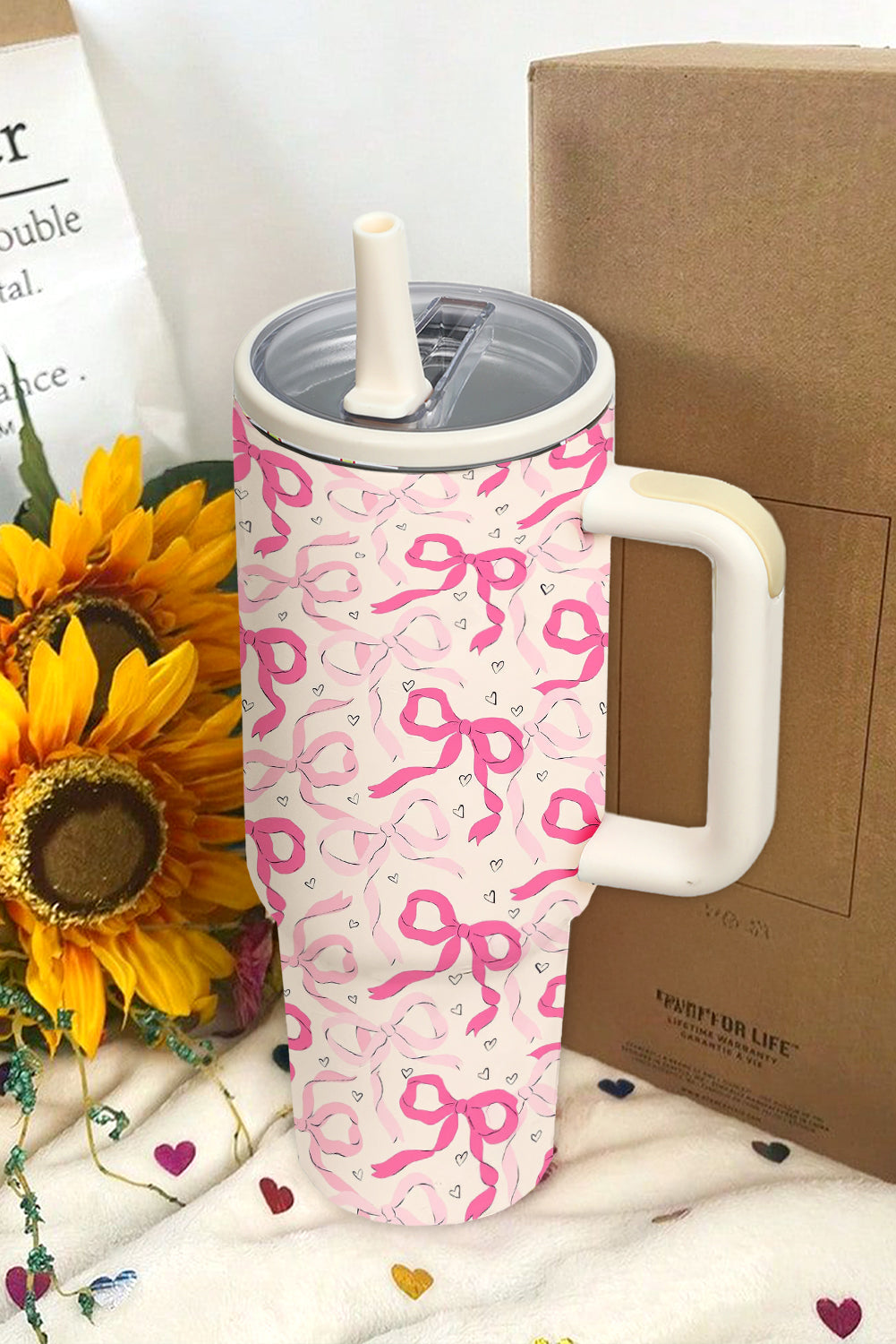 Bright Pink 40oz Cute Bow Print Tiny Heart Flip Straw Handled Vacuum Tumbler