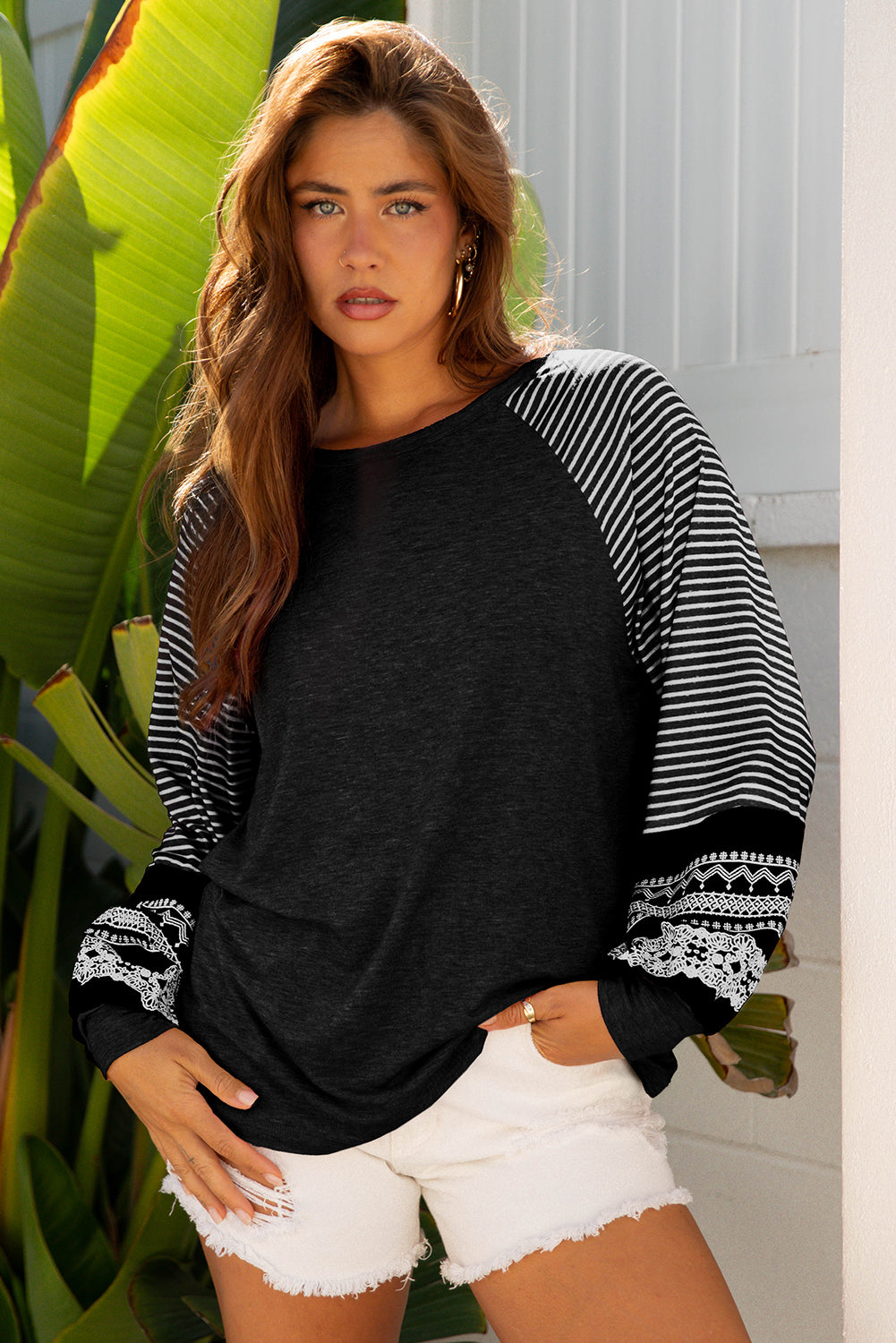 Black Contrast Print Striped Raglan Long Sleeve Loose Top