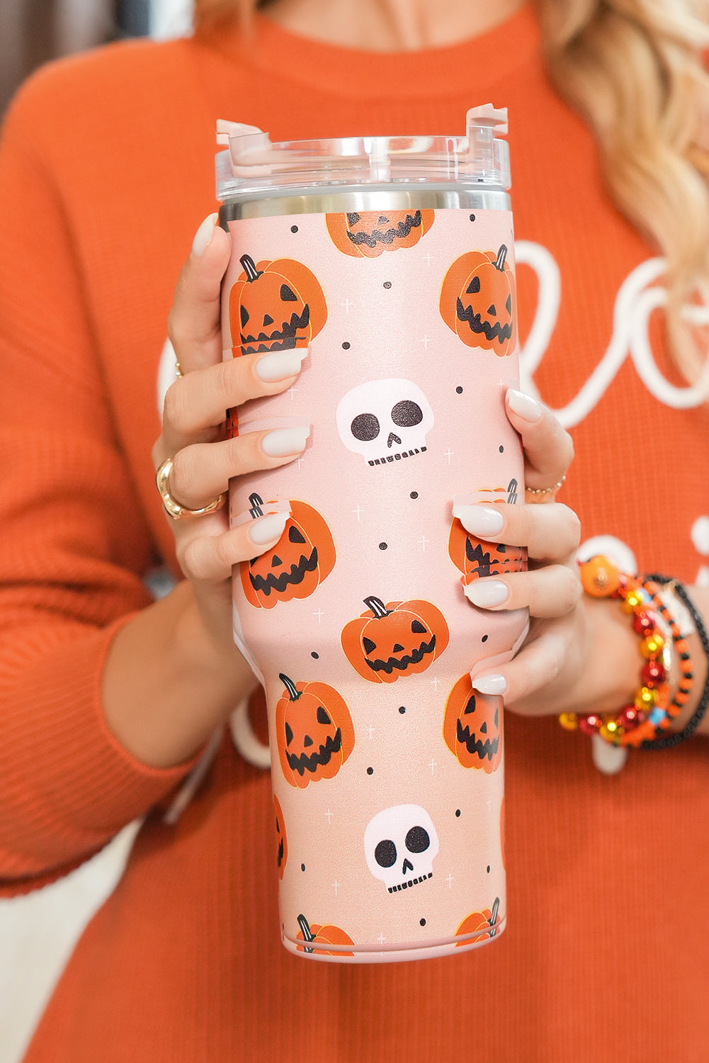 Orange Halloween Pumpkin Skull Print Handle Straw Tumbler 40oz