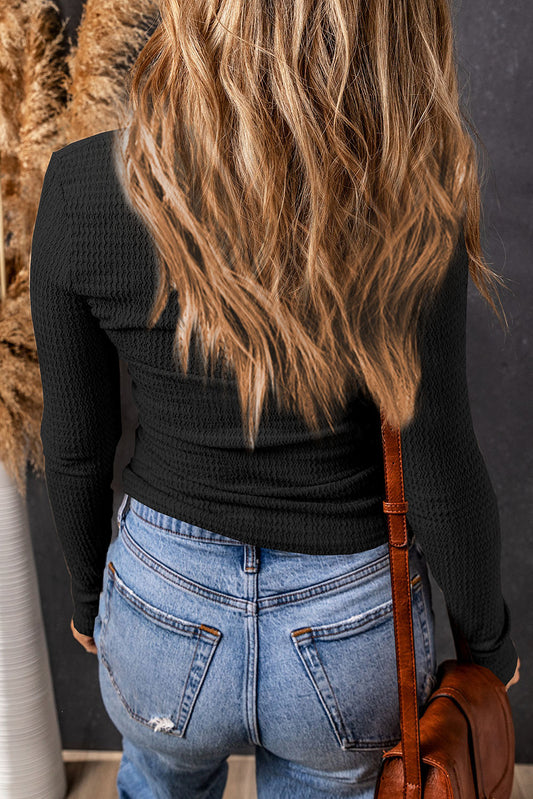 Black Textured Twist Front V Neck Long Sleeve Slim Solid Color Top