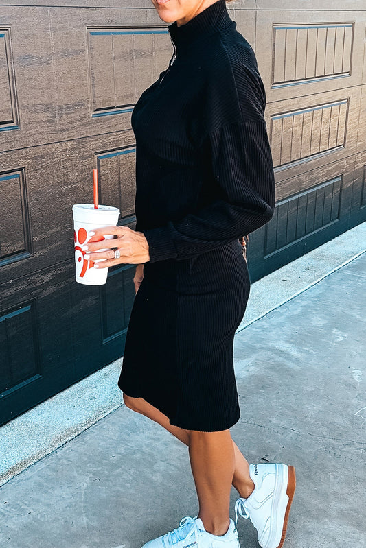 Black Ribbed Zip Stand Neck Drop Shoulder Pullover Bodycon Skirt 2pcs Set