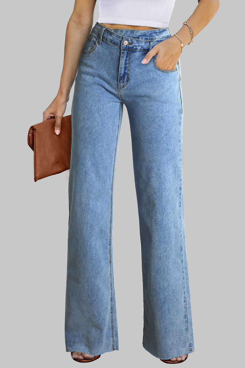 Blue Mid Rise Asymmetrical Waist Wide Leg Jeans